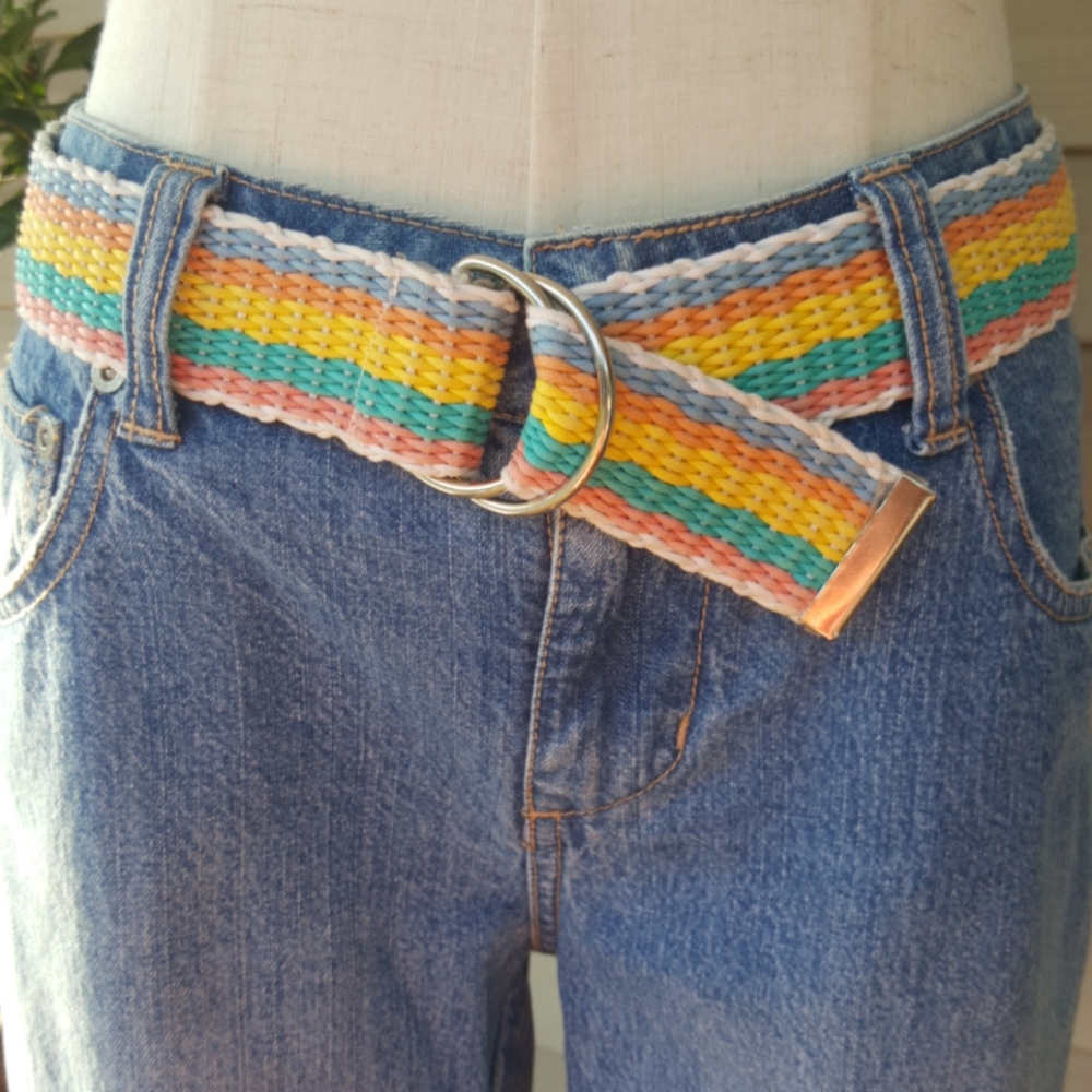 VINTAGE ♡ Gorgeous Multi-Color Wide Twine Weaved Belt w/Silver Ring Buckle S/M